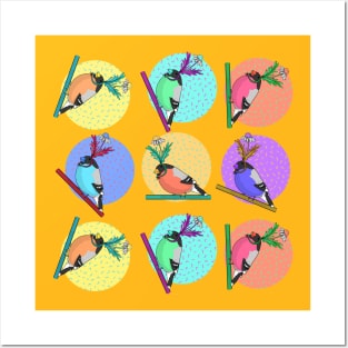 Birds of a feather flock together illustration with colorful pattern of woodland birds in silly daisy hats Posters and Art